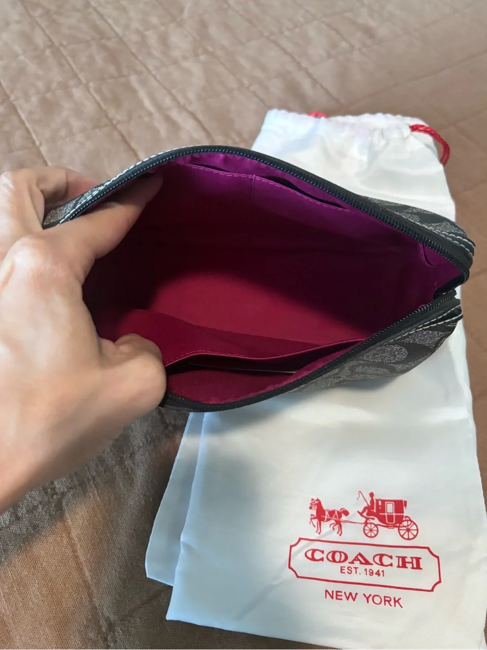 Coach Gray/Black Signature Cosmetic Pouch with Magenta Interior. New with Tags